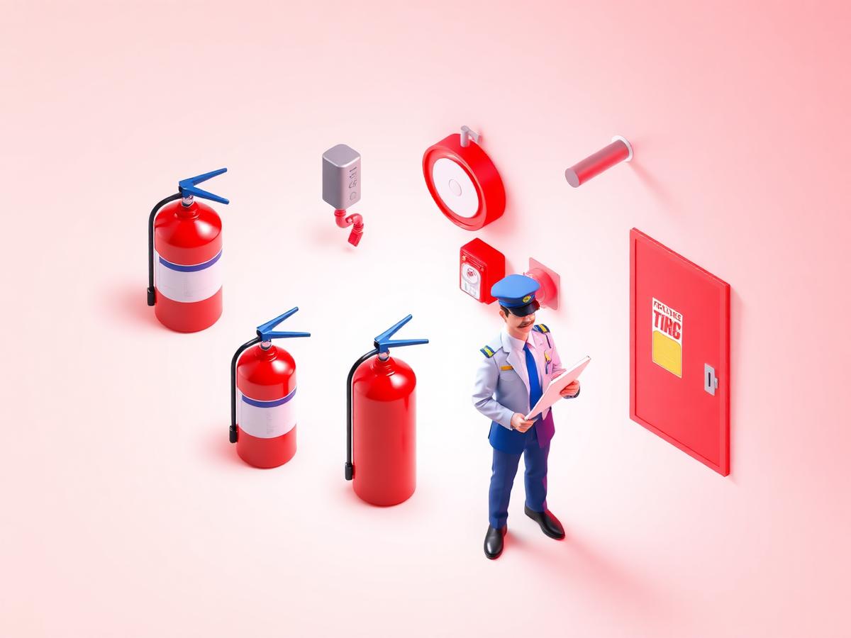 Fire safety inspector checking extinguishers, alarm panel and hose reel cabinet